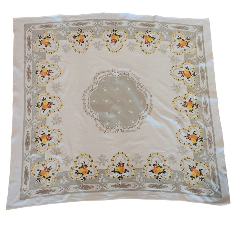 Vintage Floral Tablecloth 50" x 46" White Background Light Green Brown Yellow